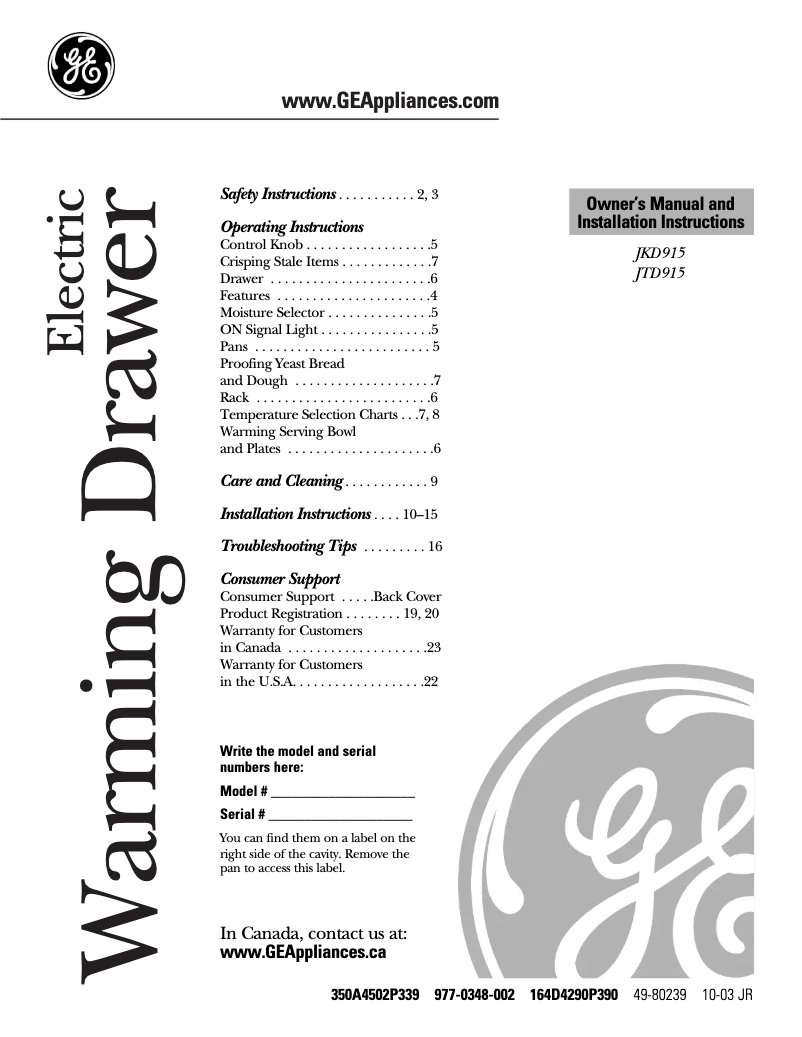 Página 1 del manual Manual de usuario GE JTD915BFBBC