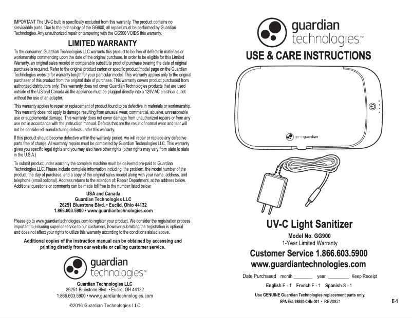 Página 1 del manual Manual de usuario GermGuardian GG900
