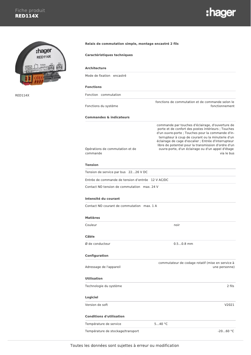 Página 1 del manual Ficha técnica Hager RED114X