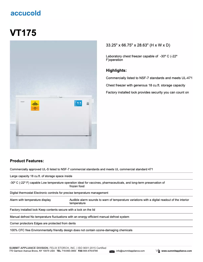 Página 1 del manual Ficha técnica Summit Accucold VT175