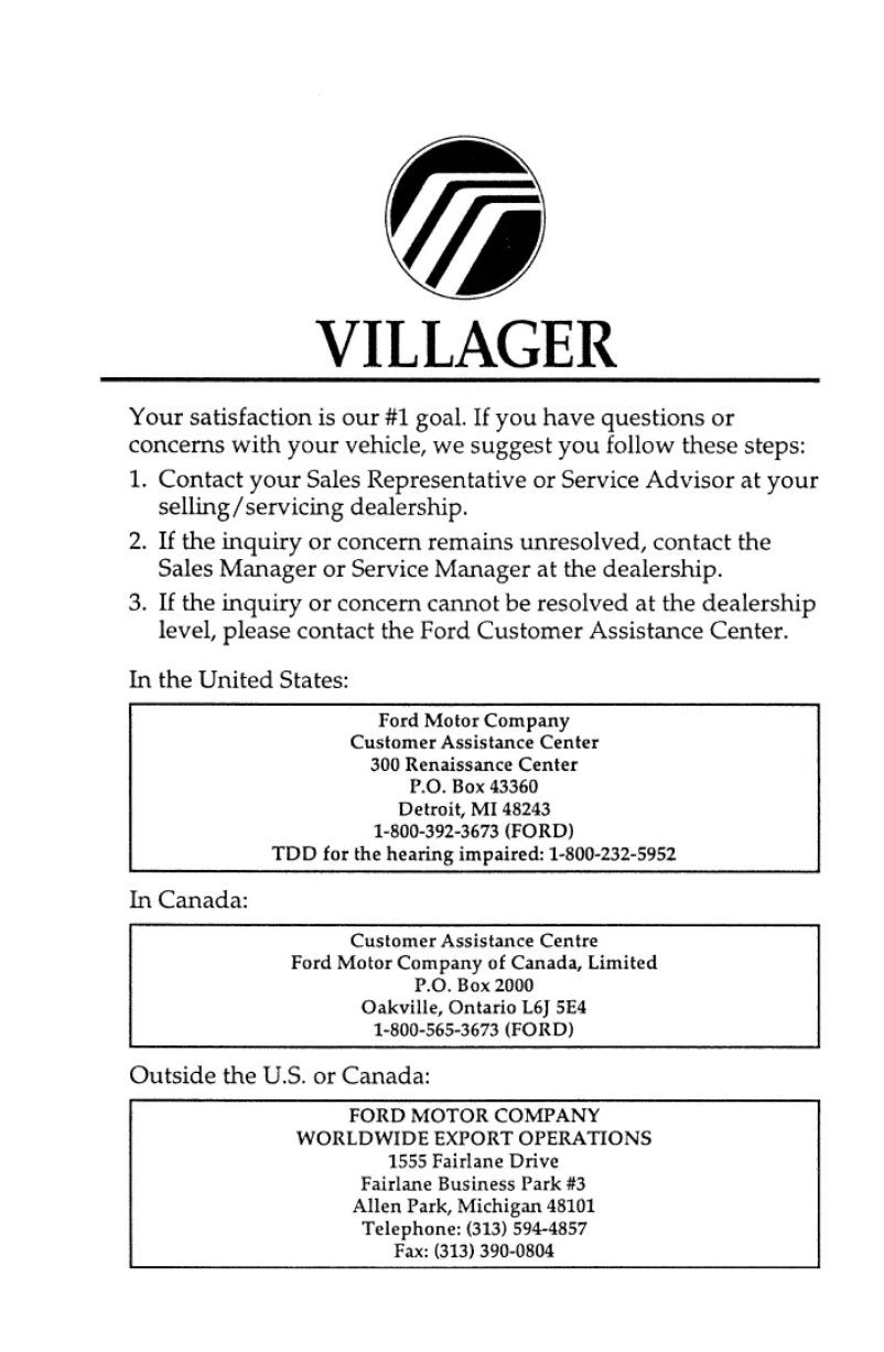 Página 1 del manual Manual de usuario Mercury Villager (1996)