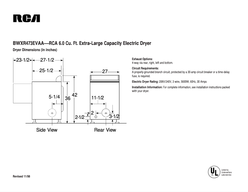 Página 1 del manual Ficha técnica RCA BWXR473EVAA