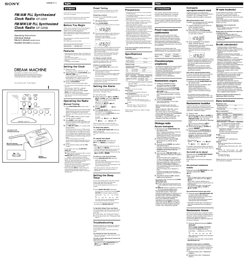 Imagen de la primera página del manual del dispositivo ICF-C233L