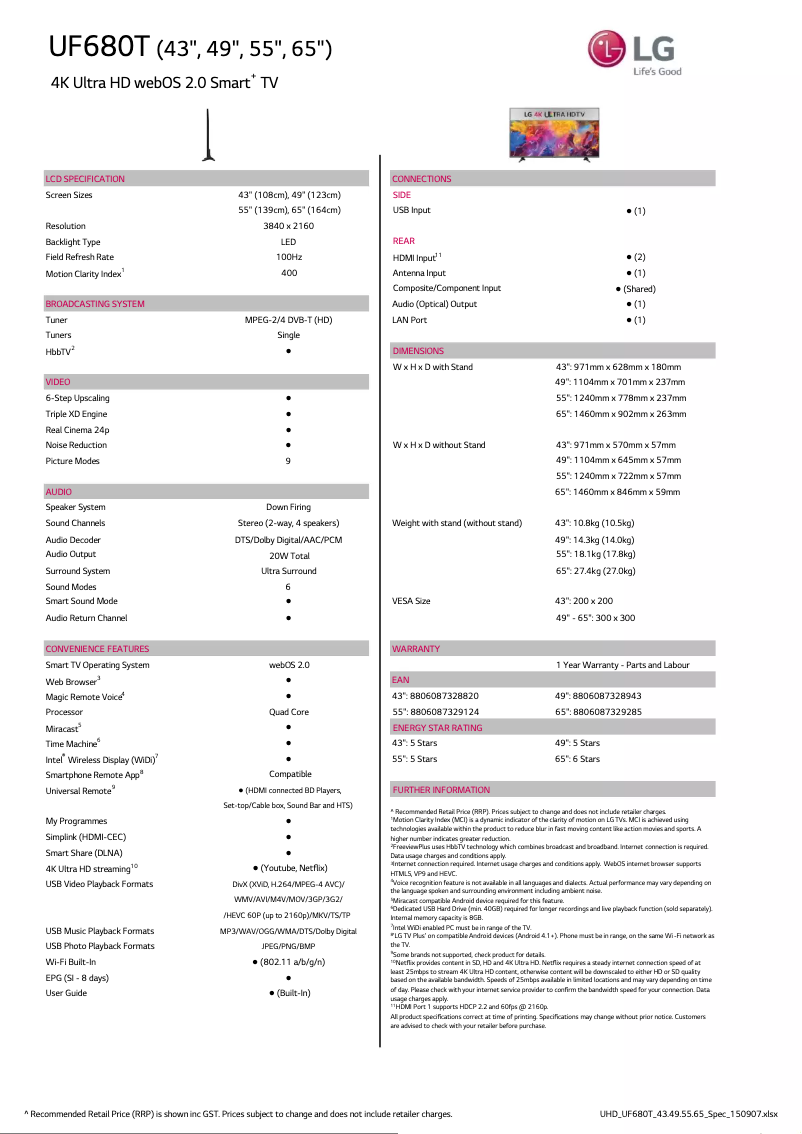 Imagen de la primera página del manual del dispositivo 55UF680T