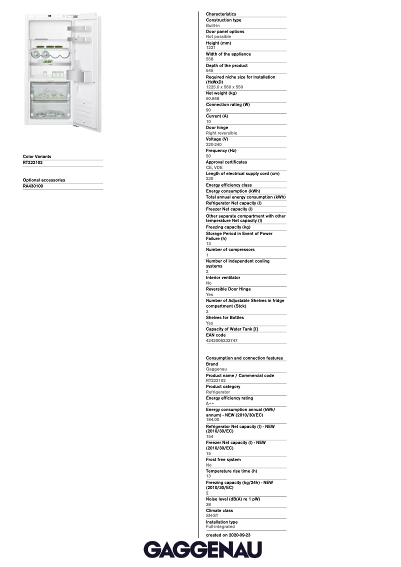Página 1 del manual Ficha técnica Gaggenau RT222102