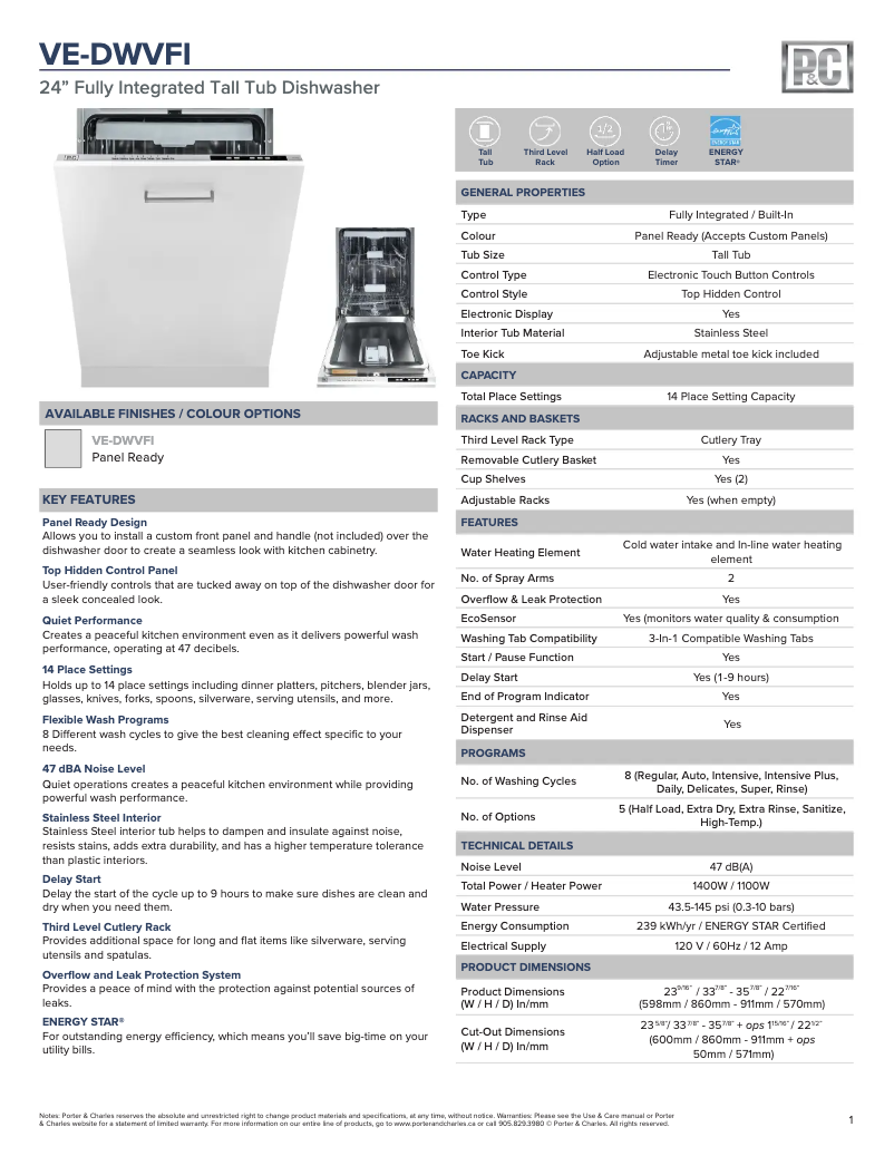 Página 1 del manual Ficha técnica Porter & Charles VE-DWVFI