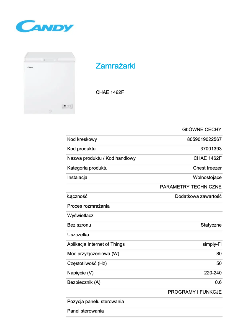 Página 1 del manual Ficha técnica Candy CHAE 1462F