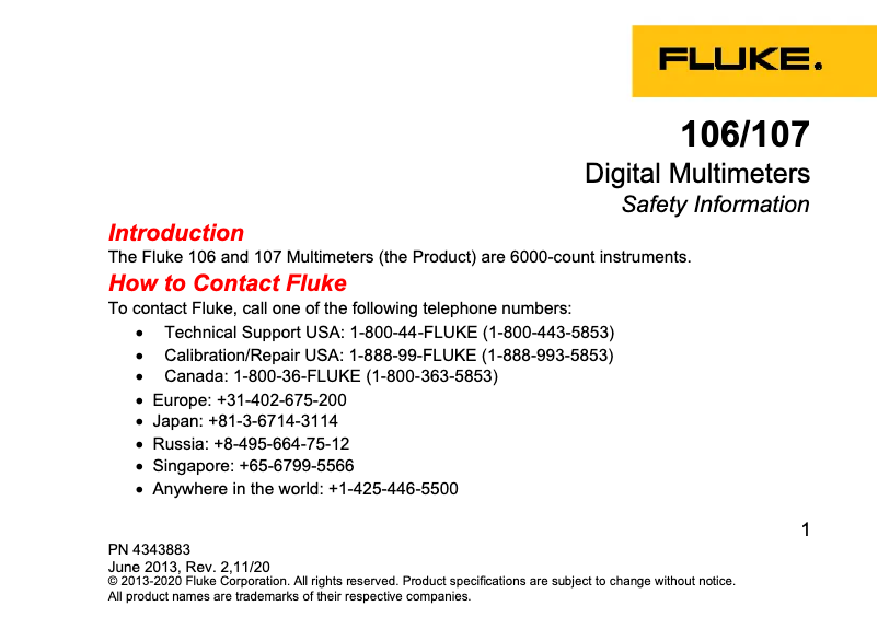 Página 1 del manual Instrucciones de seguridad Fluke 107