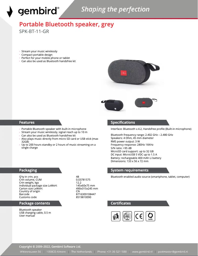 Página 1 del manual Ficha técnica Gembird SPK-BT-11