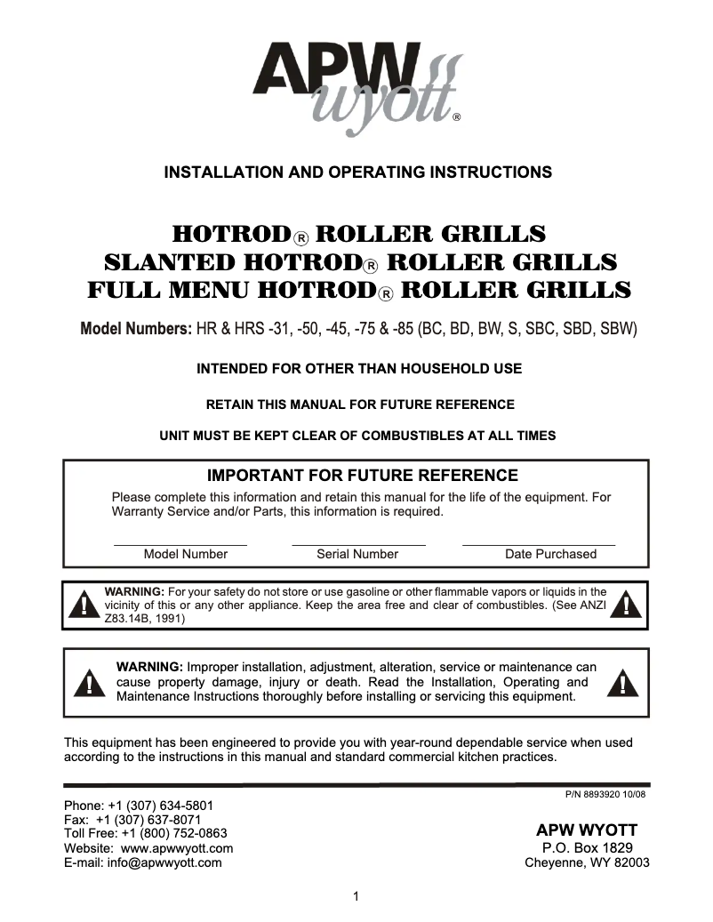 Página 1 del manual Manual de usuario APW Wyott HRS-50SBC