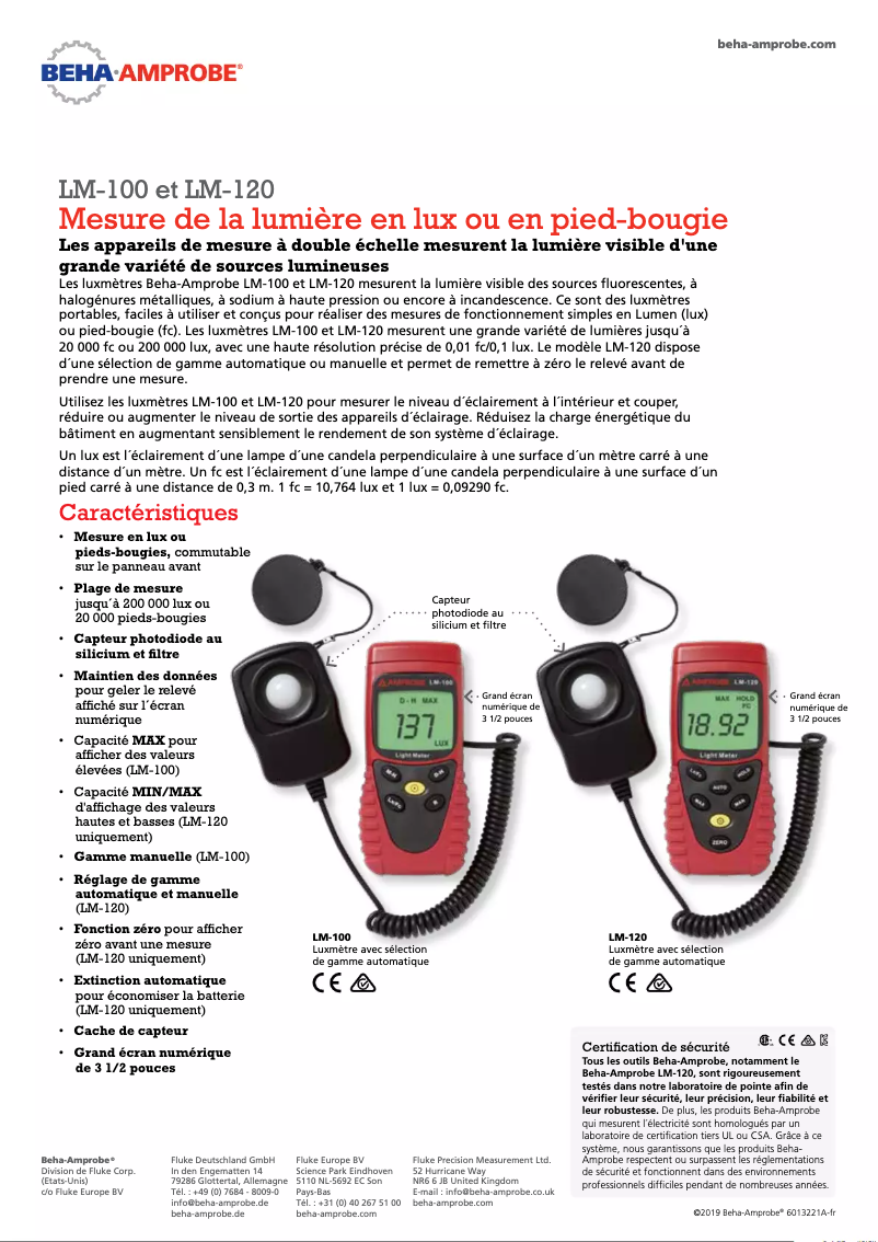 Página 1 del manual Ficha técnica Beha-Amprobe LM-120