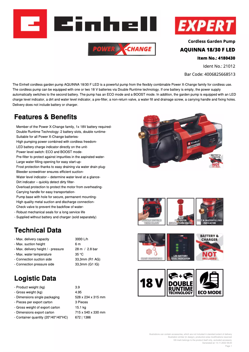 Página 1 del manual Ficha técnica Einhell AQUINNA 18/30 F LED