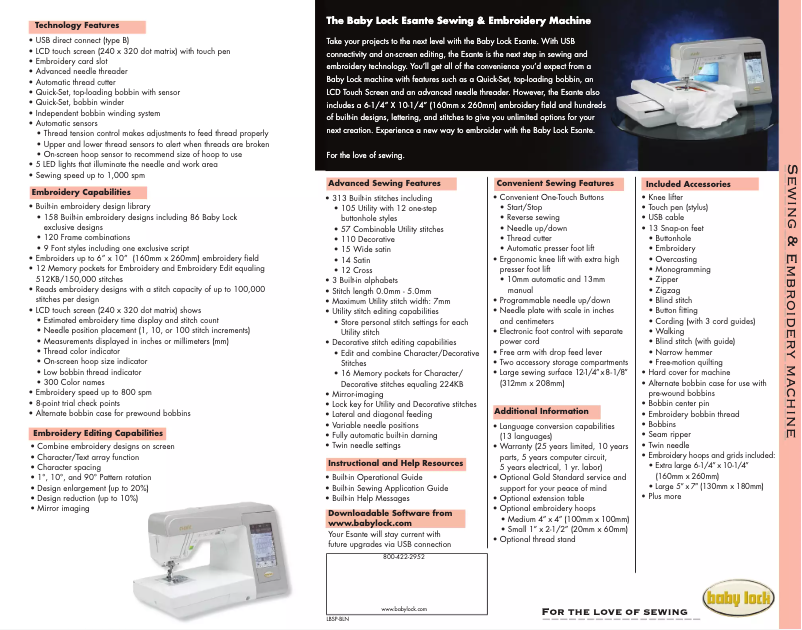 Página 1 del manual Ficha técnica Baby Lock Esante