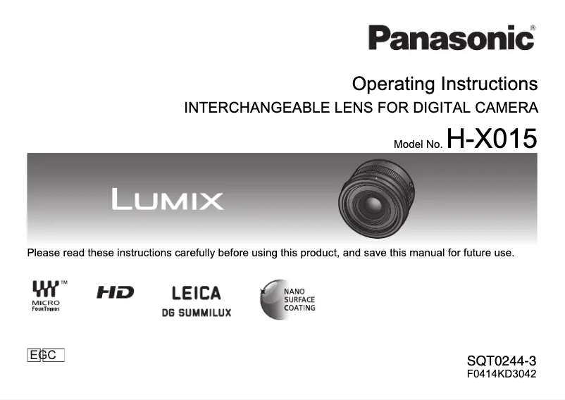 Imagen de la primera página del manual del dispositivo Lumix H-X015E
