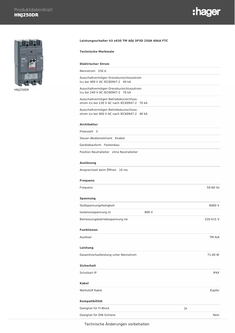 Página 1 del manual Ficha técnica Hager HNJ250DR