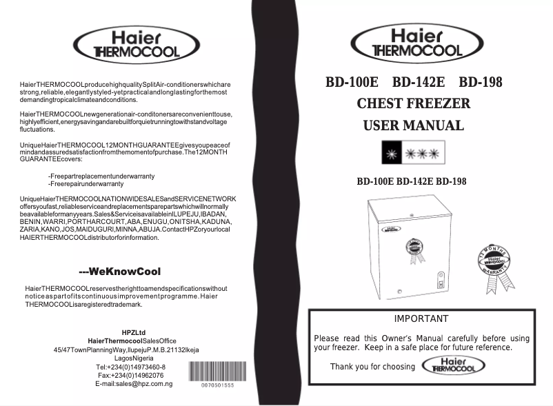 Página 1 del manual Manual de usuario Haier-Thermocool BD-198