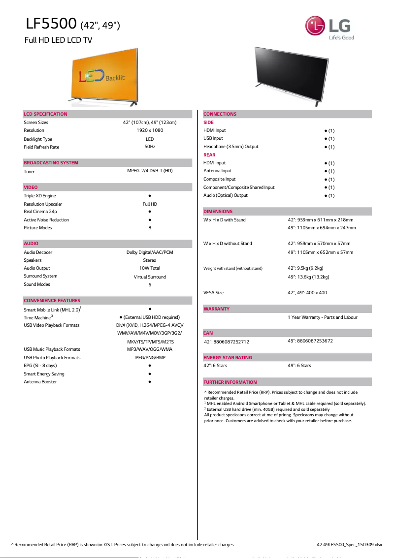Página nº 1 - Ficha técnica LG 42LF5500