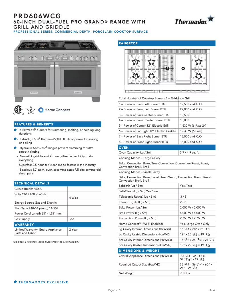 Página 1 del manual Ficha técnica Thermador PRD606WCG