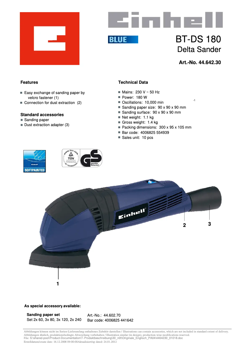 Página 1 del manual Ficha técnica Einhell BT-DS 180