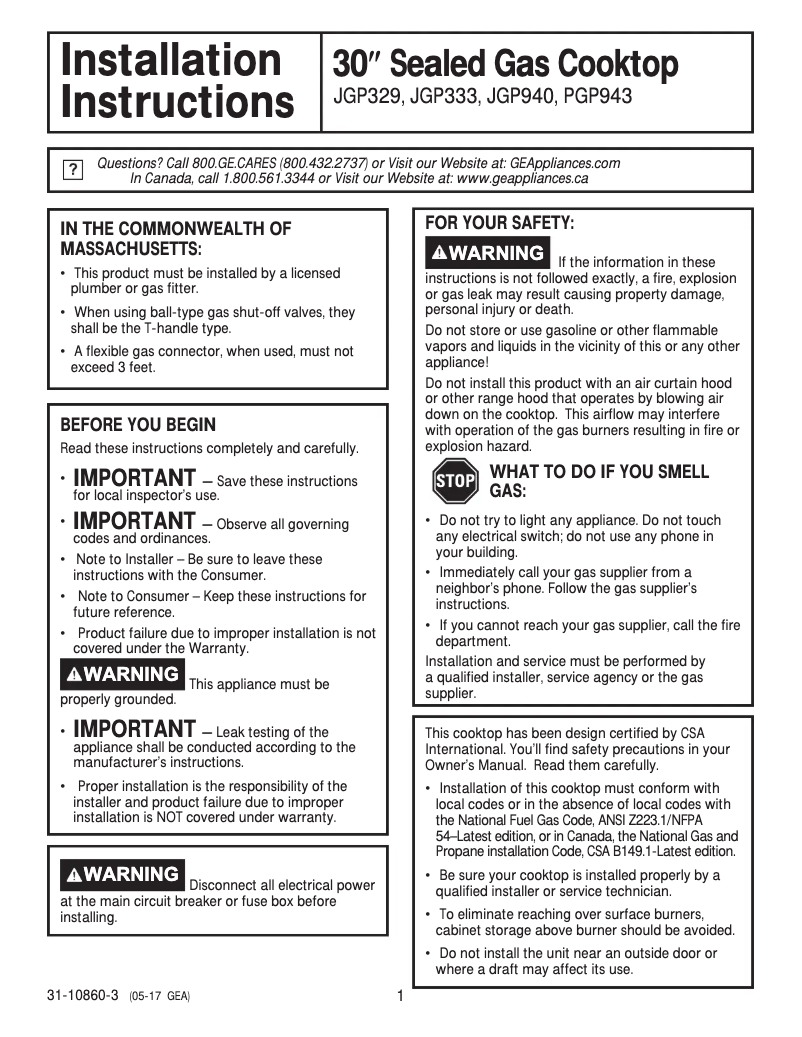 Página 1 del manual Guía de instalación GE JGP333DETWW