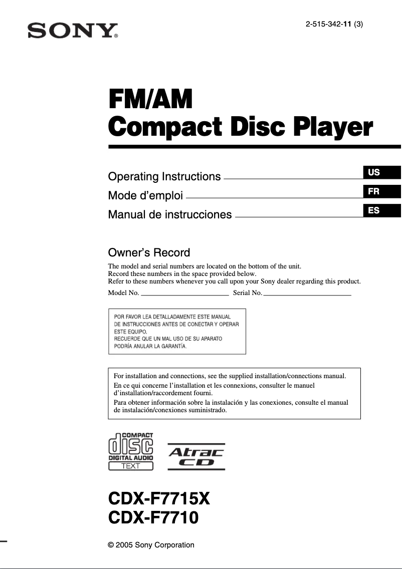Imagen de la primera página del manual del dispositivo CDX-F7715X