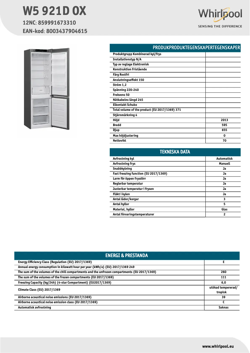 Página 1 del manual Ficha técnica Whirlpool W5 921D OX