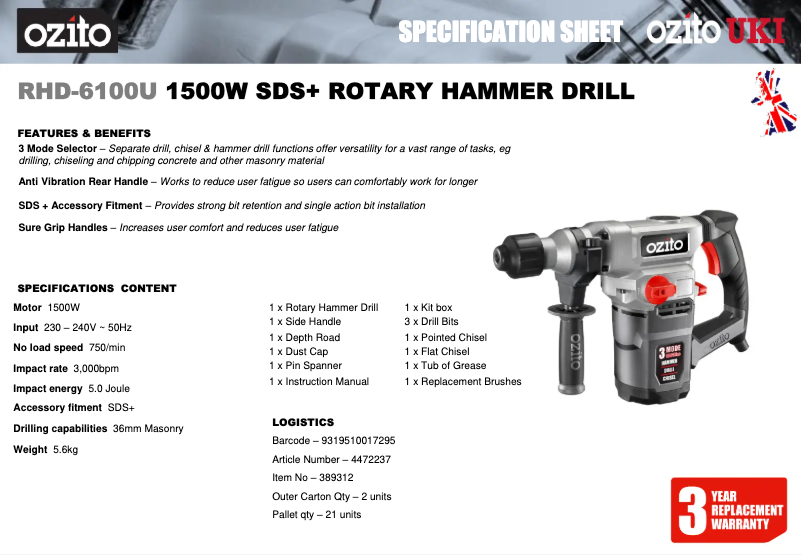 Página 1 del manual Ficha técnica Ozito RHD-6100U