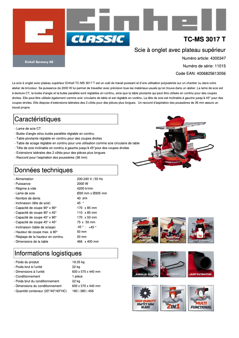 Página 1 del manual Ficha técnica Einhell TC-MS 3017 T