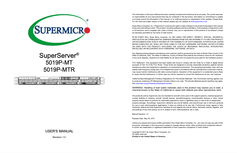 Imagen de la primera página del manual del dispositivo SuperServer 5019P-MTR