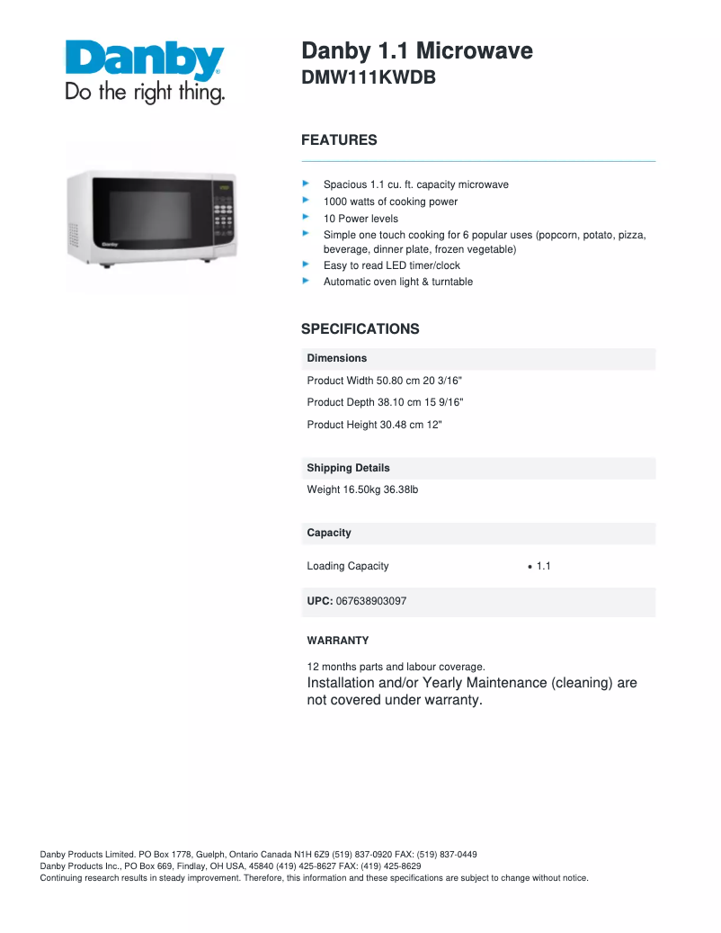 Página nº 1 - Ficha técnica Danby DMW111KWDB