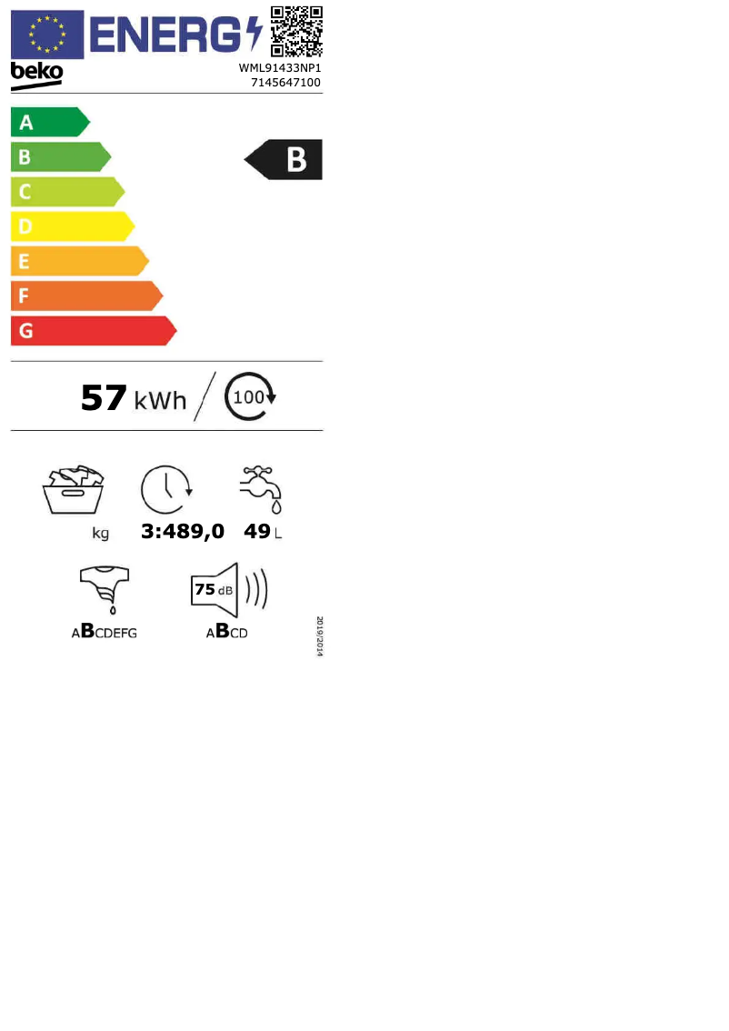 Página 1 del manual Etiqueta energética Beko WML91433NP1