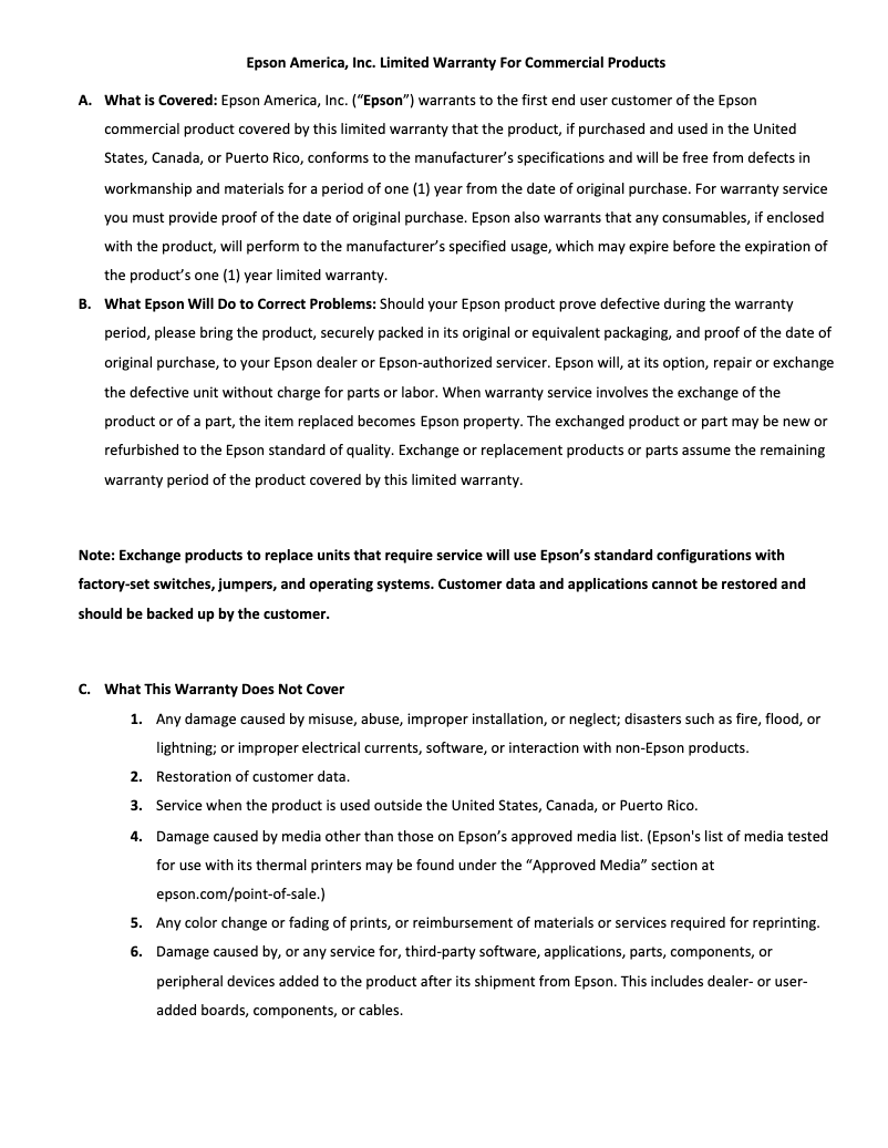 Página 1 del manual Información de garantía Epson Mobilink TM-P80II Plus