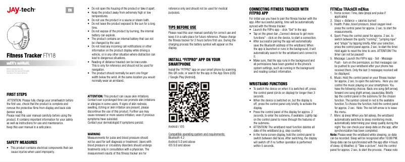 Imagen de la primera página del manual del dispositivo Fitness Tracker FTY18