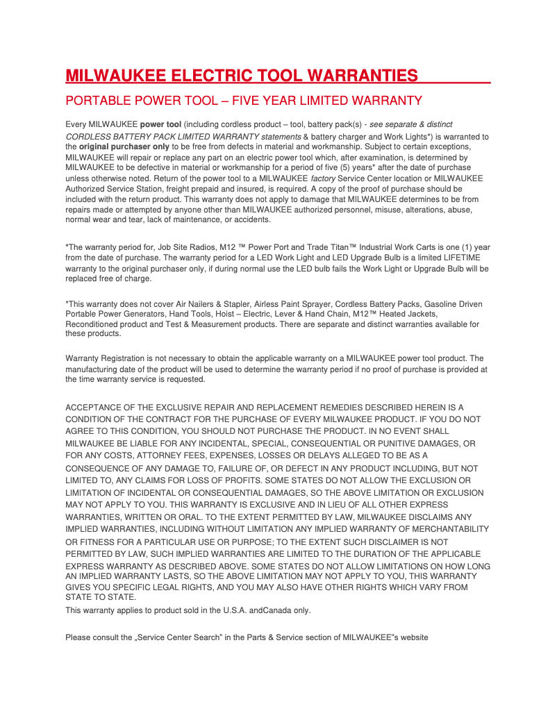 Página 1 del manual Información de garantía Milwaukee 0970-20