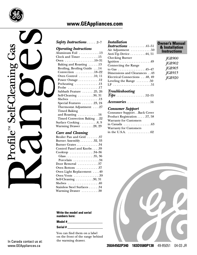 Imagen de la primera página del manual del dispositivo Profile JGB920SECSS