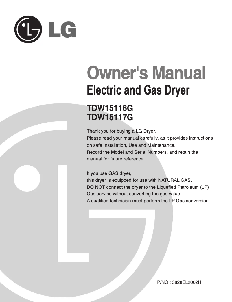 Imagen de la primera página del manual del dispositivo TDW15116G