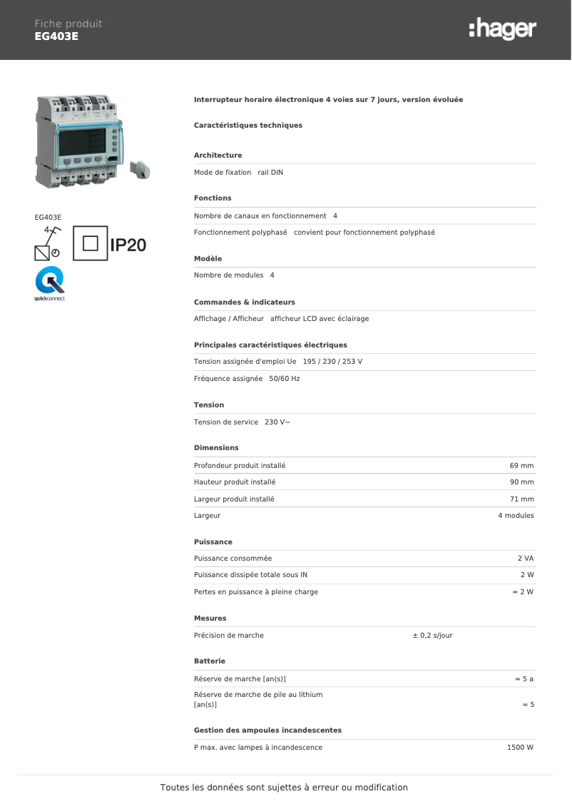 Página 1 del manual Ficha técnica Hager EG403E