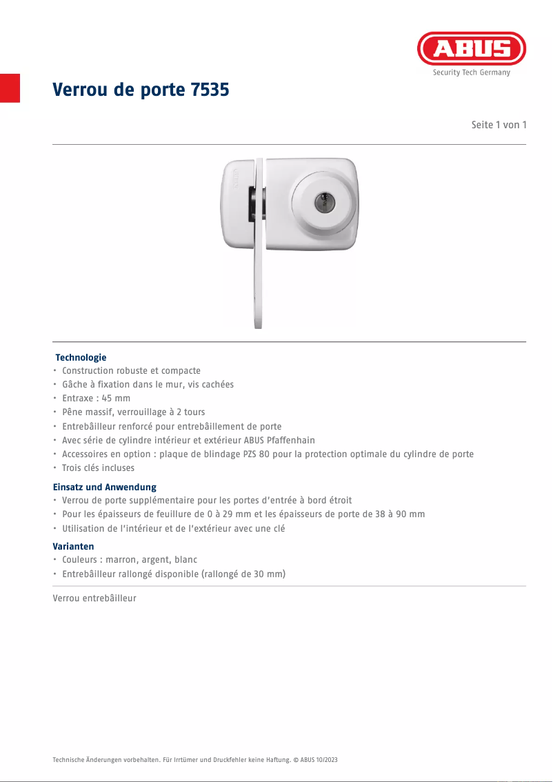 Página 1 del manual Ficha técnica Abus 7535