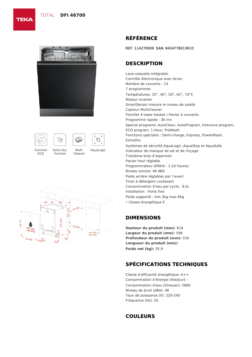 Página 1 del manual Ficha técnica Teka DFI 46700