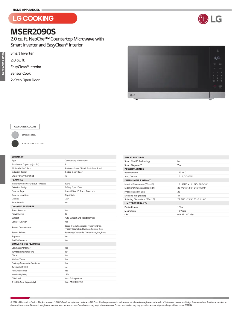 Página 1 del manual Ficha técnica LG MSER2090S
