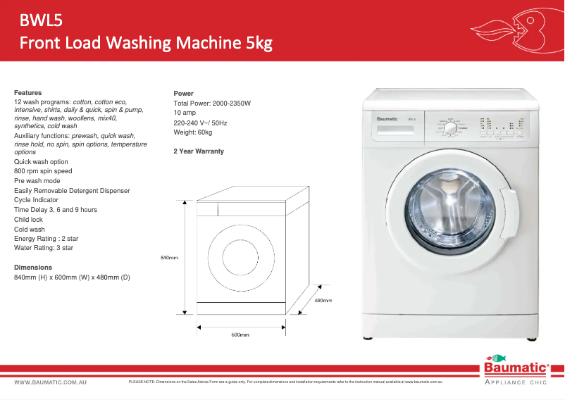 Página 1 del manual Ficha técnica Baumatic BWL5