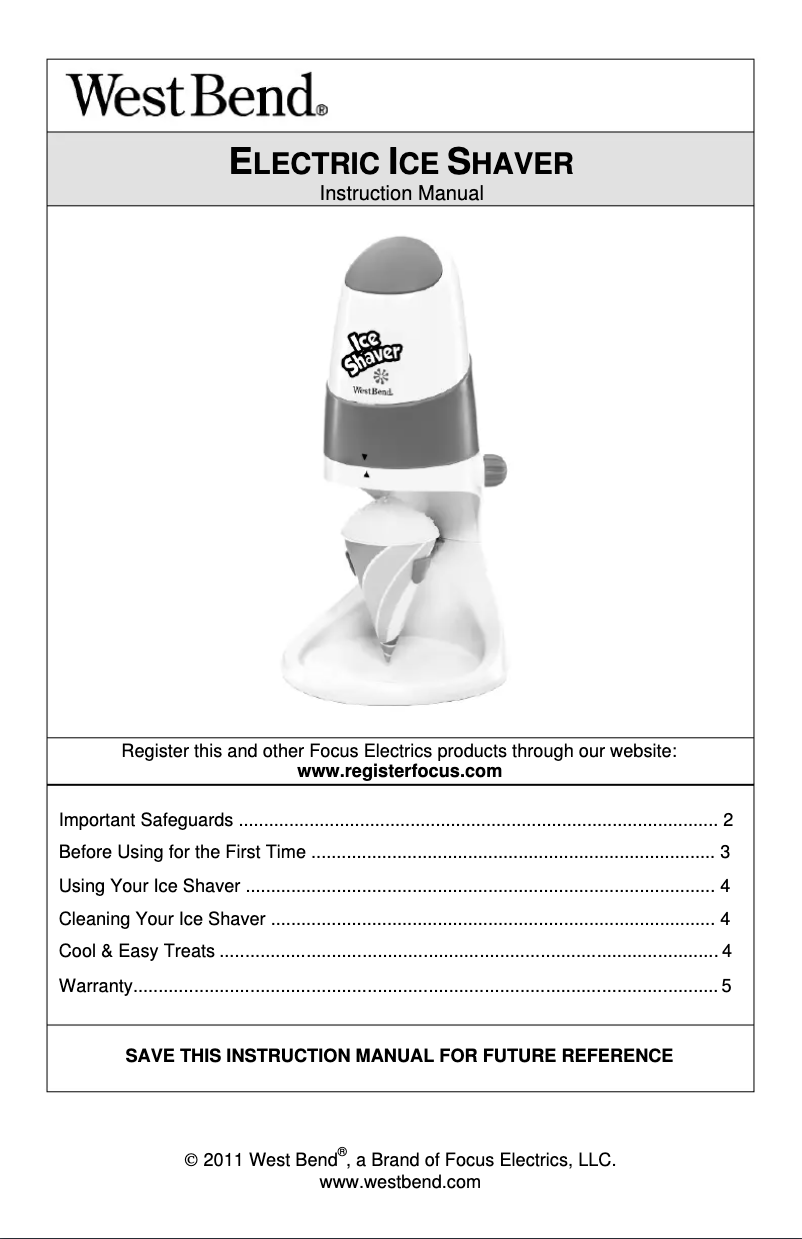 Página 1 del manual Manual de usuario WestBend Ice Shaver SIT12023
