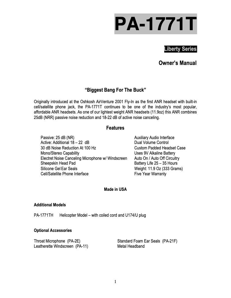 Imagen de la primera página del manual del dispositivo PA-1771TH