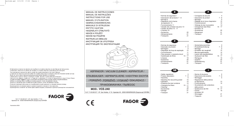 Página 1 del manual Manual de usuario Fagor VCE-240