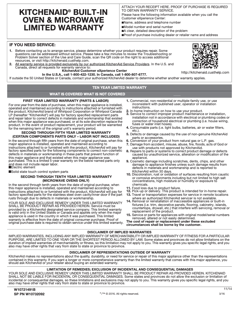 Página 1 del manual Información de garantía KitchenAid KMBS104ESS