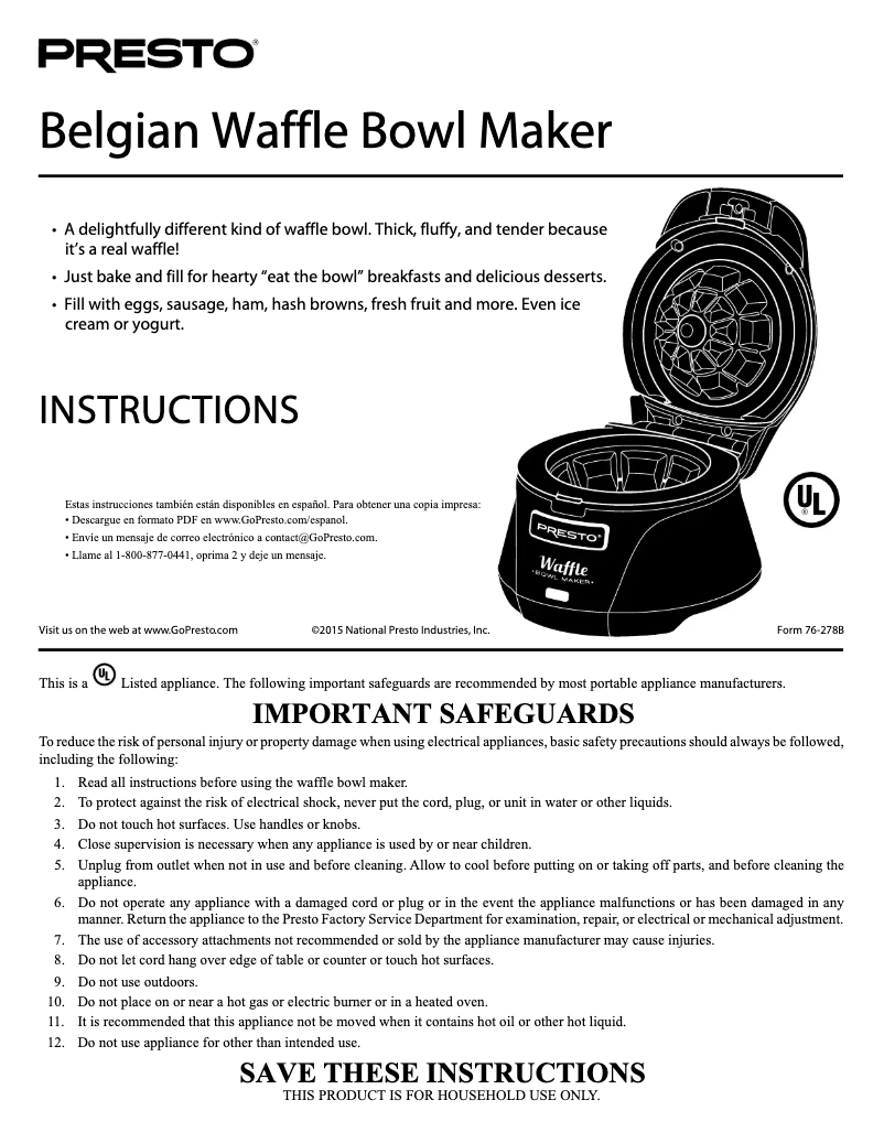 Página 1 del manual Manual de usuario Presto Belgian Waffle Bowl Maker 03500