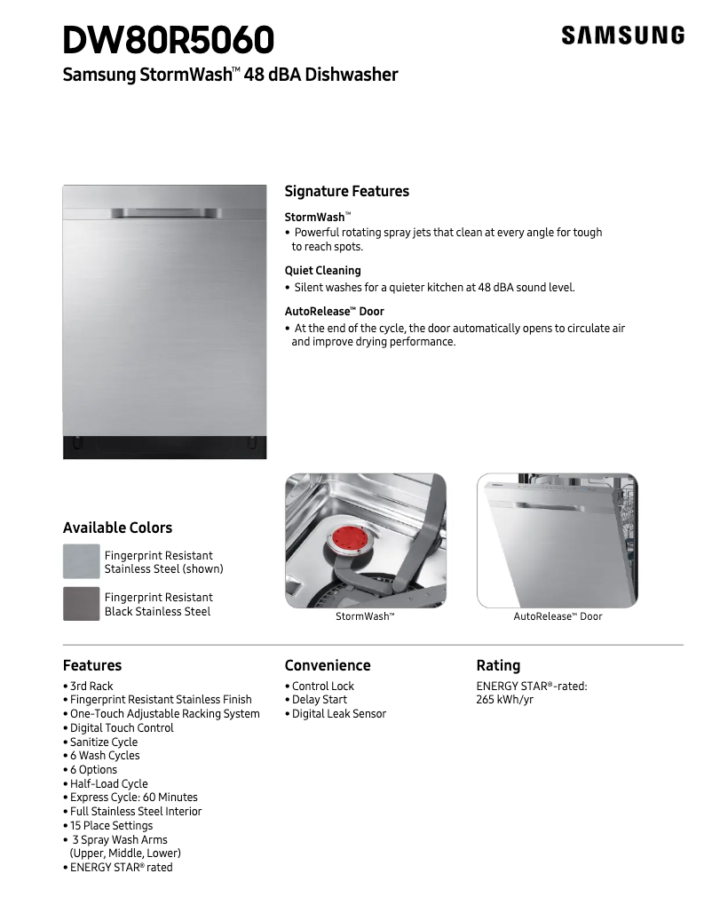 Página 1 del manual Ficha técnica Samsung DW80R5060US