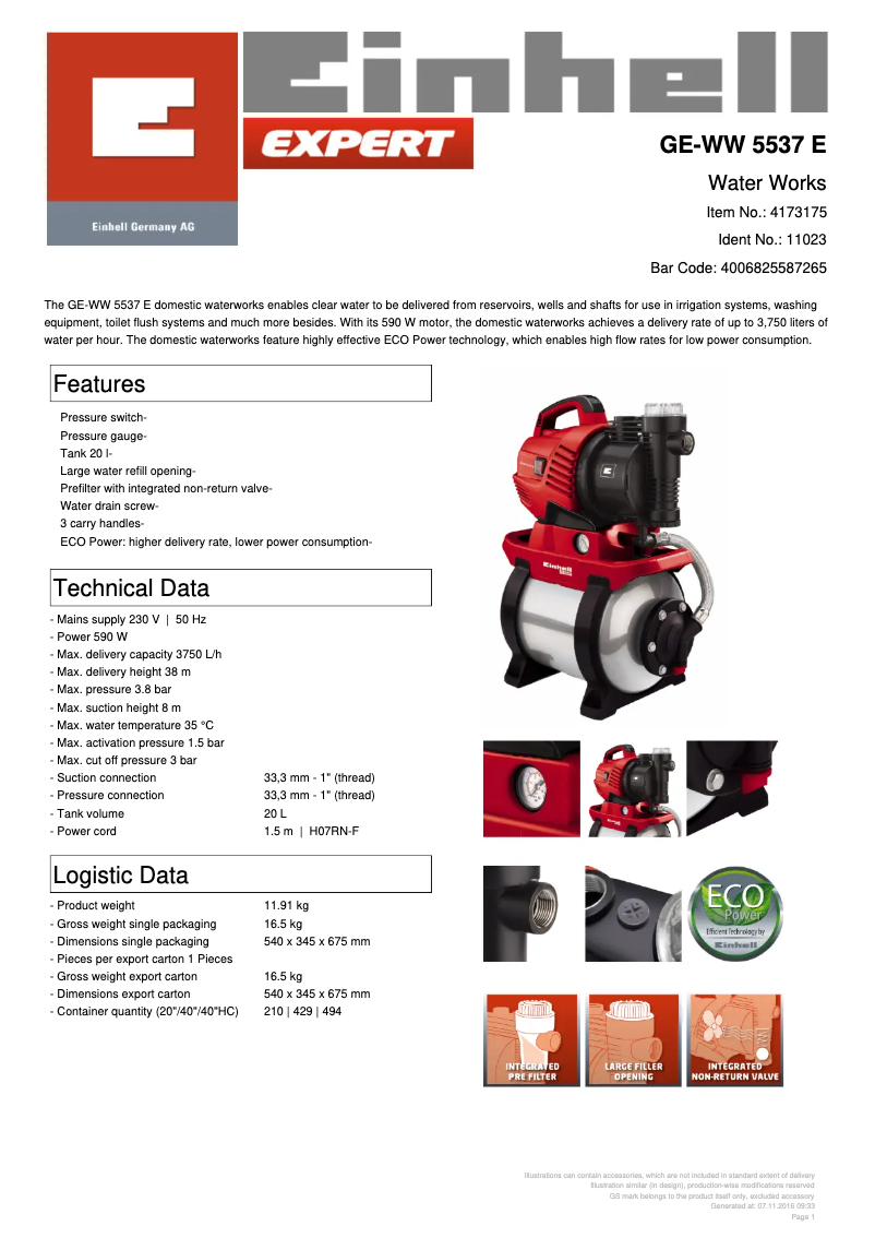 Página 1 del manual Ficha técnica Einhell GE-WW 5537 E