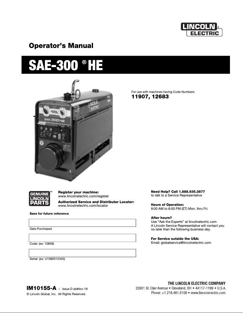 Página nº 1 - Manual de usuario Lincoln Electric SAE-300 HE