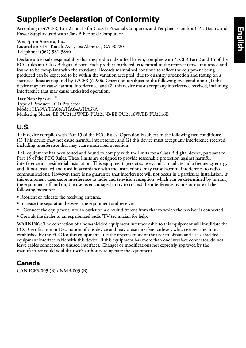 Página 1 del manual Información de garantía Epson EB-PU2216B